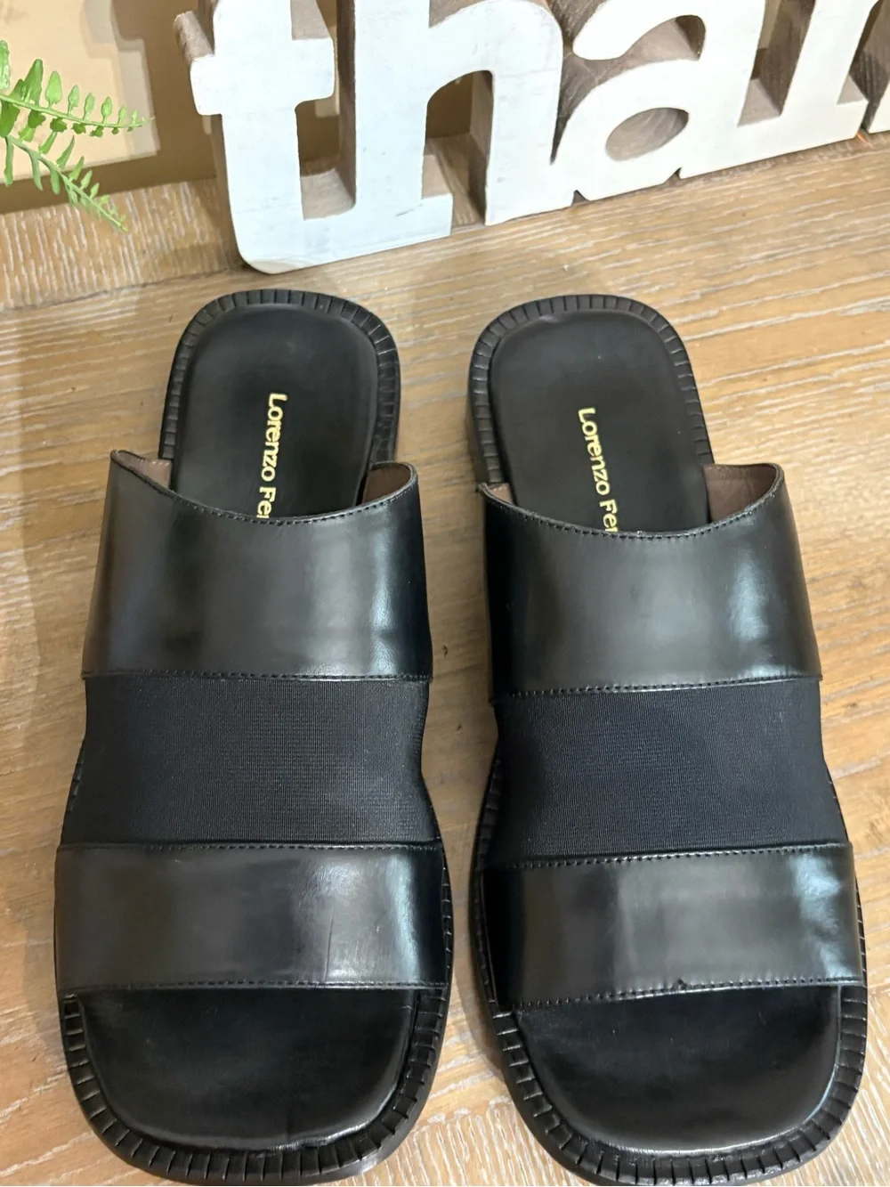 Lorenzo Ferrini Men's Black Double-Strap Leather Slide Sandals